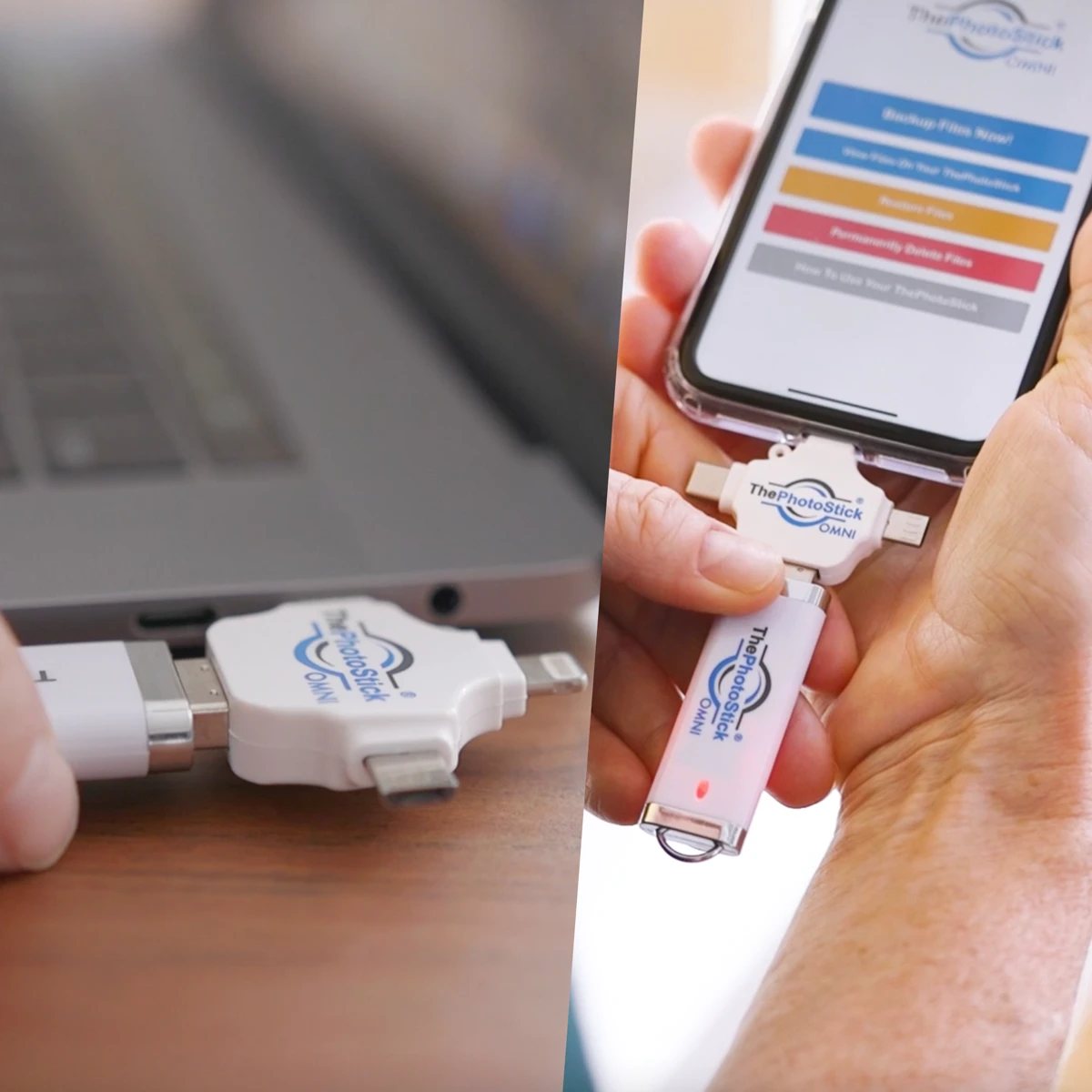 ThePhotoStick OMNI being connected to a smartphone next to a laptop